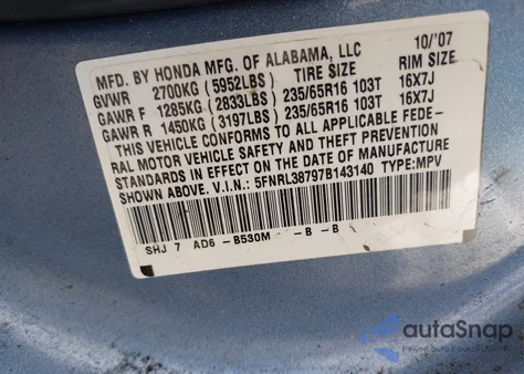 2007 Honda Odyssey Ex-L from USA, damaged, VIN 5FNRL38797B143140